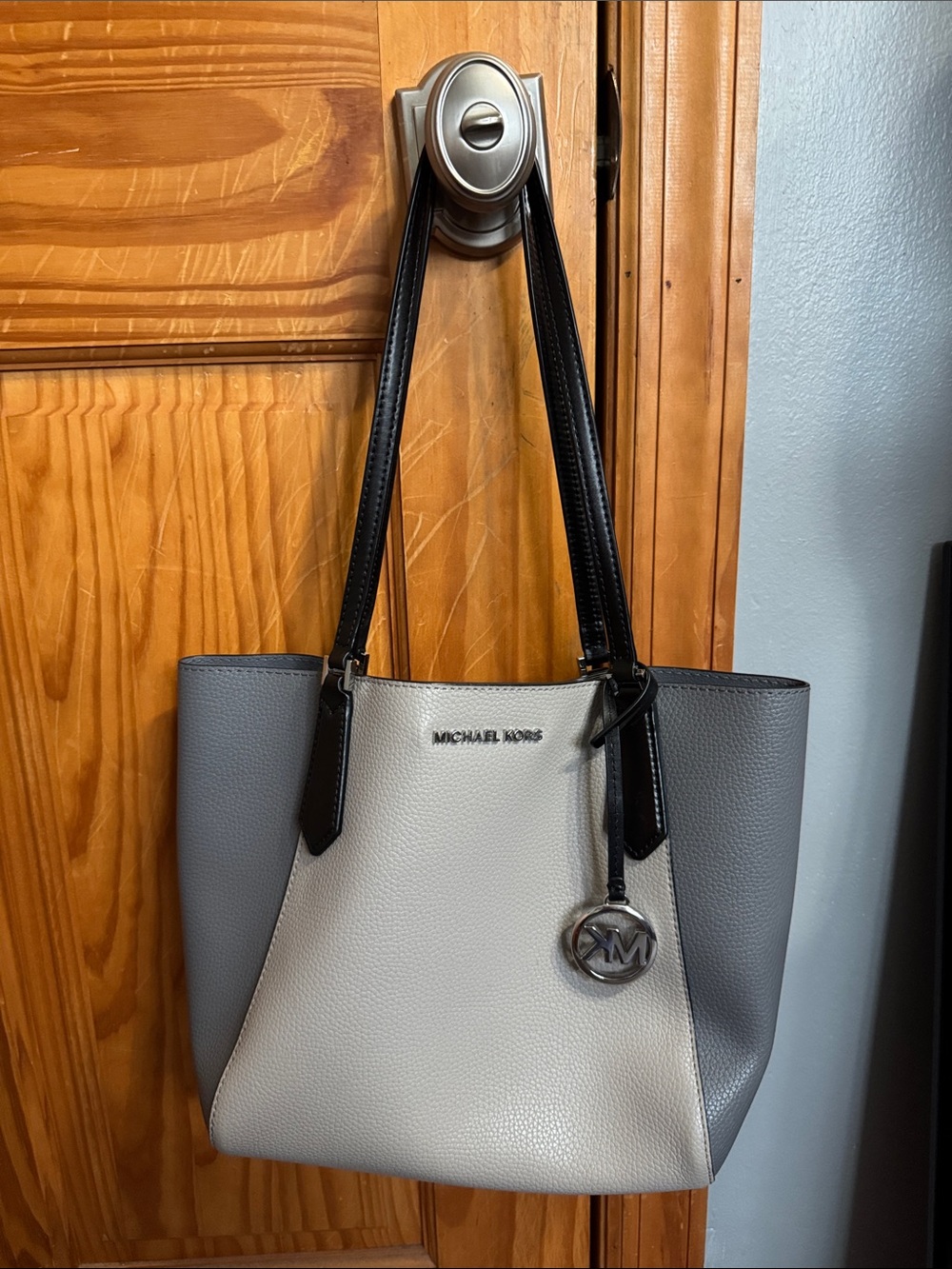 Michael Kors Gray, light gray  & Black Leather Tote Bag